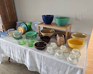 Lots of Fiesta dish-ware and Bauer ring-ware bowls. Uranium glass. 