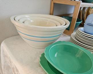 Classic McCoy pink and blue nesting mix bowls. Homer Laughlin Rivera pattern dishes.  