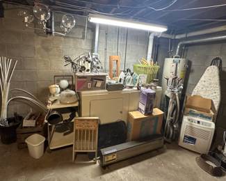 Wash Board; MCM Metal Enamel Cart; Light Fixtures; Chalk Board; Fluke 8020A Digital Multimeter;  Nautilus Heater Fan Light; Small Wooden Shutters; Kerosene Hearer; Space Heater; Kenmore 50pint Low Temp De-Humidifier; Box Fan; Ironing Board; Irons; Vintage Mens Right Handed Golf Clubs and Bag; Golf Shoes; Sad Irons; Laundry basket w/ Hangers; (Washing Machine & Dryer NOT for sale) 