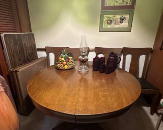 Folding Table; Card Tables; Tiger Oak Table & 4 Chairs; Oil Lamp; Fruit Basket Decor; Ruby Red Pitcher & Glasses