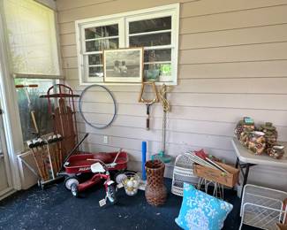 Vintage Croquet Set; Pogo  Stick; Champion Wooden Sled; Radio Flyer Wagon; Roadmaster Tricycle; Hula Hoop; Balls; Little Tikes Weighted Batting Tee; Little Tikes Disc Swing; Tennis Racquet
