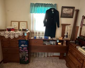Chest of Drawers; Headboard with Rails; Dresser w/ Mirror; Delta Airlines Items;  Japan Wall Hanging; Trophies