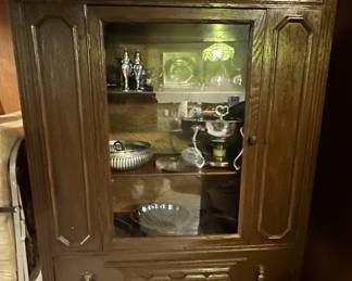 Antique Display Cabinet; Silver Plate Carafes