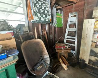 Wheelbarrow; Wheels; Lawn Chairs; Antique Manual Push Mower; Alum. Ladder; Metal Cabinet
