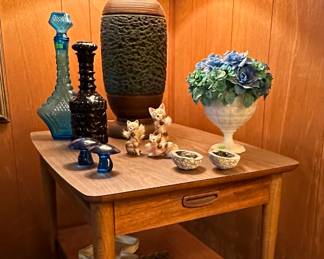 MCM Lane and Tables; MCM Table Lamp; Decanters; Coasters; Glass Mushrooms; MCM Anthropomorphic Chained Cats