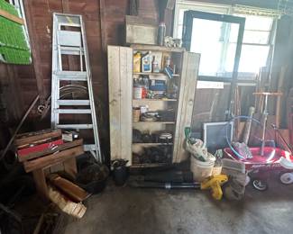 Coal Bucket; Metal Cabinet; Oil; Alum. Ladder; Lawn Chair; Blower; Garage Items