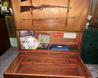 Stevens Model 26 Crack Shot 22Long Rifle; Hopkins & Allen 16ga Single Barrel Shot Gun; Vintage Mattel Winchester Toy Saddle Gun; Lane Cedar Chest; Oil Paints; Color Wheel; Art Books; Gun Rack
** Guns purchased will be transported to Piasa Armory and will picked up from there after transfer papers have been completed. An addl. $20 will be owed to Piasa Armory for the transfer**