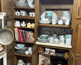 Cookbooks; Hall Superior Jewel Tea Autumn Leaf Nesting Bowls & S&P Shakers; Corelle Ivy Leaf Dinnerware Set & Accessory Ivy Pieces; Noritake Casablanca China Set (Japan); Jamestown China by Action Ind. Christmas Dinnerware Set ; Fire King Milk Glass Gold Trim Dinnerware Set; Johann Bavaria Dinnerware; Microwave Cookware; Rolling Pin; 