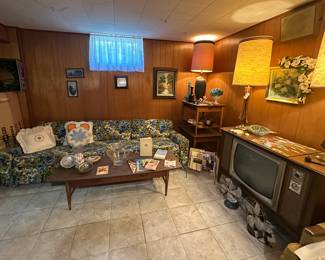 MCM Floral Couch; MCM Lane Coffee Table and End Tables; MCM Teakwood Lamps; Vintage Metal Westinghouse & Eskimo Fans; Zenith Cabinet Tube TV; MCM Chip & Dip Set; Wire Magazine Rack; Vintage Magazines; Shells; Coasters; Glass Mushrooms
