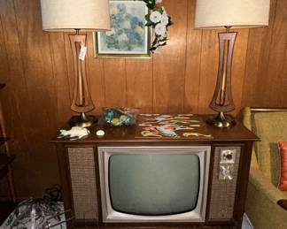MCM Zenith Cabinet TV; MCM Teak Wood Table Lamps; Wire Magazine Rack