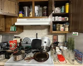 Godfathers Pizza Coca Cola Decanter with Lid; Pepsi Tiffany Style Glasses; Coffee Cups; Glasses; Knife Block; Vision-ware Covered Skillet; Revere Ware Copper Clad Skillets; River Ware Neptune Seahorse Covered Saucepan; Griddle