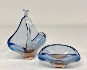 Mstisov Blue And Pink Glass Bowls by Hana Machovska, Made In Czechoslovakia 

Taller item, measures about 6.5 inches tall, 7.5" long and 4.5 inches wide. 