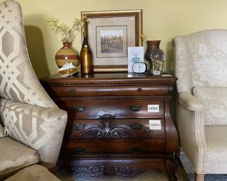 Wood Four Drawer Dresser, Wing Back Chair, Bubble Crystal Ball with Stand, Sharp Clock, Glass Candle Stand, Framed Art, Porcellane D'arte Painted Shell, Painted Wine Bottle, Painted Wine Bottle