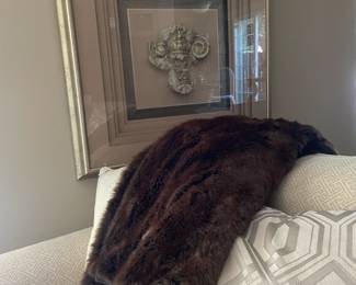 Sculptural Framed Art, Restorations Hardware Faux Fur Blanket, Decorative Pillows