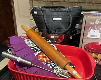 Tahari Lunch Box, red casserole dish, rolling pin