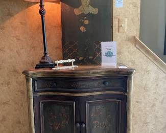 Painted Hall Cabinet, Accent Lamp, Distressed Door Handle,  