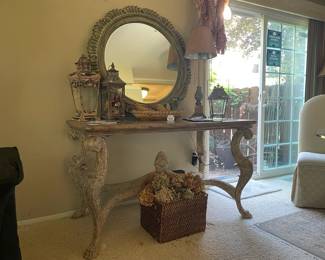 Round Mirror, Lanterns, Table Lamp, Vtg. Terracotta Painted Fruit Set, Hooker Furniture Console Table