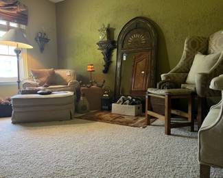 Wood Four Drawer Dresser, Wingback Chair with Stool, Bubble Crystal Ball with Stand, Sharp Clock, Glass Candle Stand