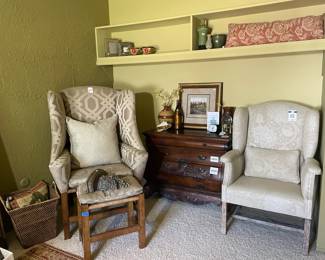 Wingback Chair with Stool, Wood Four Drawer Dresser, Bubble Crystal Ball with Stand, Sharp Clock, Glass Candle Stand, Framed Art, Porcellane D'arte Painted Shell, Painted Wine Bottle, Painted Wine Bottle