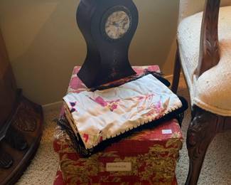 Wood Clock, Fabric Boxes, French Style Carved Chair