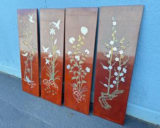 Vintage Urushi Lacquer Panels with Abalone, Brass, & Silvertone Inlay	