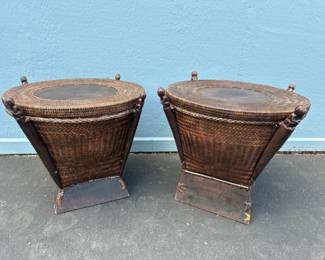 Woven Reed & Wood Basket Drum Side Tables - Tops Remove	