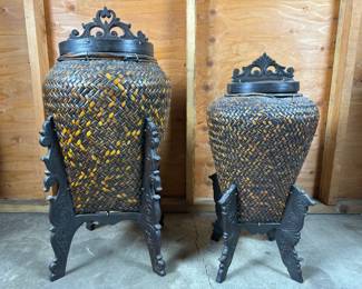 Asian Inspired Woven Baskets w/Ornate Carved Legs & Handles	