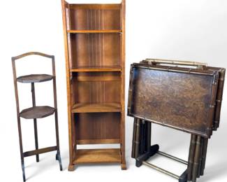 Fold Away Furniture - Antique 2 Tier Cake Stand - Burl Veneer Trays +	