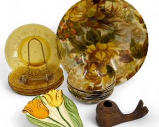 MCM Floral Fiberglass Bowl Set - Amber Sandwich Glass Plates +	