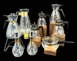 Atomic Carafes - Clear, Black, and Gold Detail - Silex - Pyrex +	