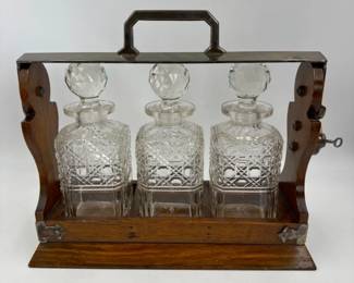 Antique Victorian Silver Plated and Oak Tantalus w/Key	