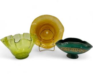 Amber & Green Mid Century Blown Glass & Ceramic Trio - Crackle Glass	