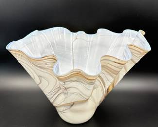 Signed Dan Bergsma White Art Glass Sculptural Vessel - 15"W x 10.25"T	