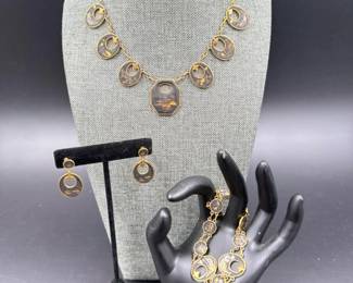 Vintage Japanese Damascene Shakudo Inlay Necklace Bracelet & Earrings	