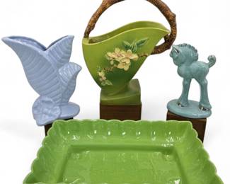 Mid Century Ceramic Quartet - Roseville Green Apple Blossom Planter	