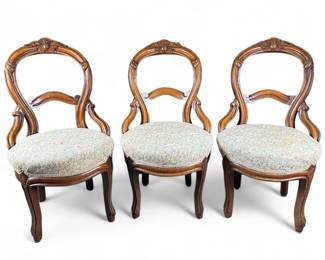 (3) Ornately Carved Wood Balloon Back Victorian Side Chairs	