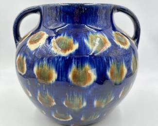 Antique Friedrich Festersen Peacock Blue 2 Handled Ceramic Vessel 10"	