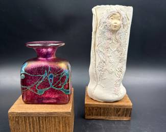 Robert Held Art Glass Pink Bud Vase + Clarice Falconer Pottery Vessel	