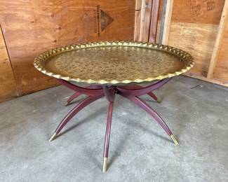 MCM Moroccan Brass Pie Crust Edge Tray Table w/Spider Leg Base - 38"D	