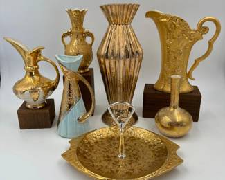 Vintage MCM 22 & 24K Weeping Gold Porcelain - Savoy Blue & White Ewers	