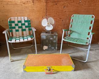 Retro Lawn Chairs, Sears 12" Fan, & Suitcase Picnic Table	