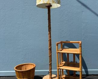 Vintage Bamboo Shelf, Trash Can & Floor Lamp	