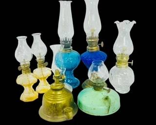 8 Antique Miniature keroscene oil lamp lot   