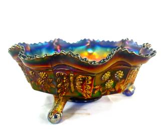 Fenton Carnival Glass Butterfly and Berry Fluted top Ball and claw footed 9 in bowl/ Look this piece up 