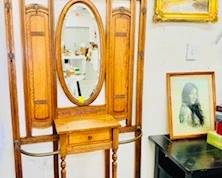 Antique Oak Hall Tree w/ original Beveled Mirror
