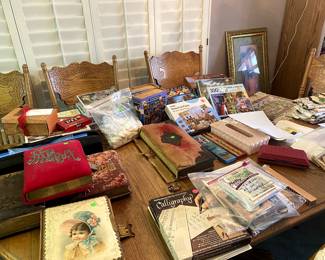 old albums, oak table with 2 foot leaf and 6 chairs