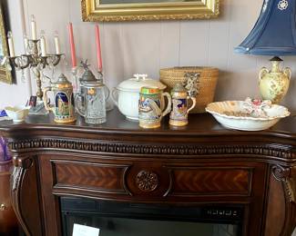 electric fireplace, old steins