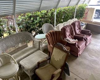 wicker set sold- 2 sets of recliners- long white velour couch