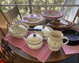 small oak table with 4 chairs, cast iron pans