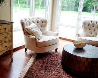 Pottery Barn,  side chairs,  round coffee table, Honquest  painted cabinet